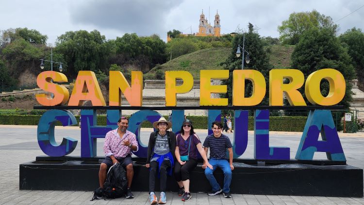 San Pedro Cholula sign with church in the background