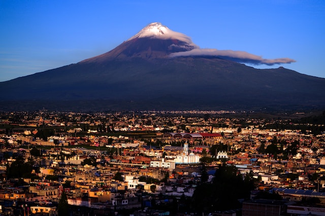View of Puebla valley and volcano in the distance