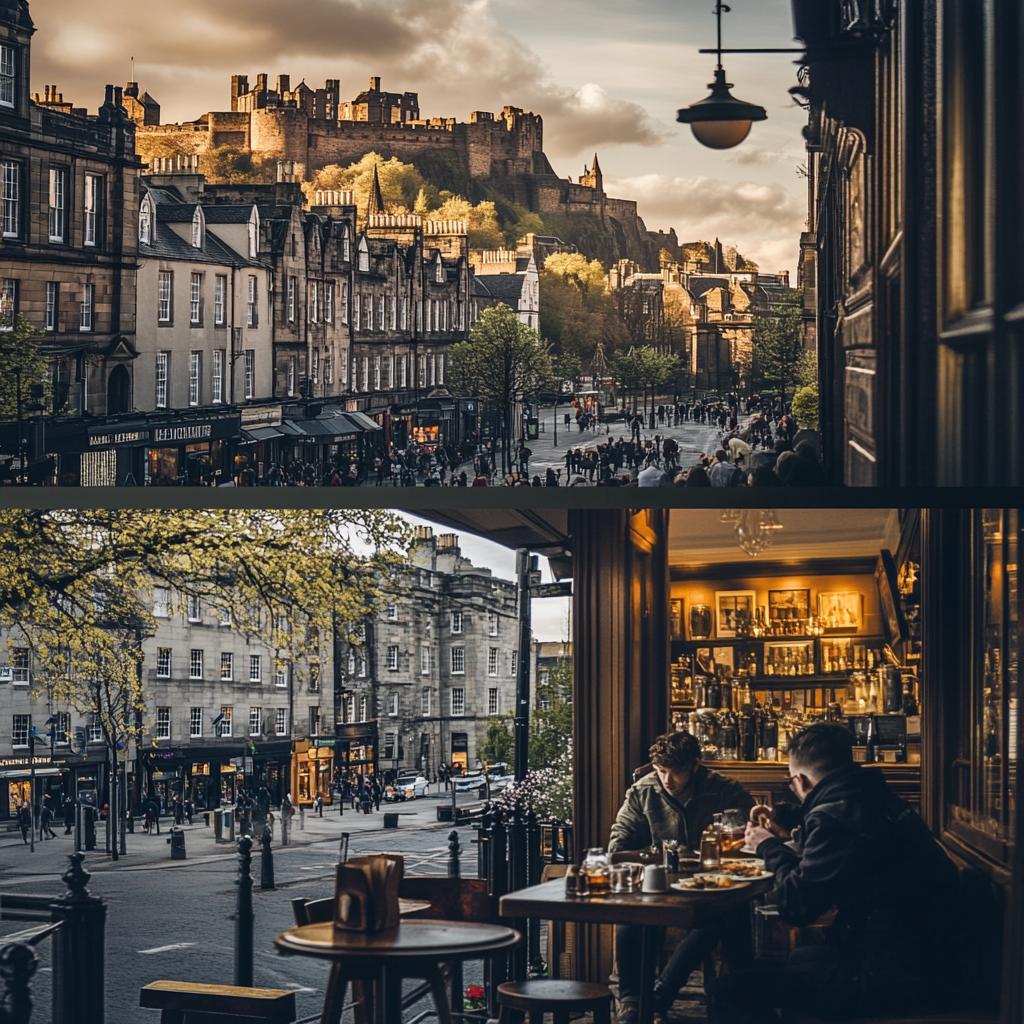 a couple of people sitting at a table in a city