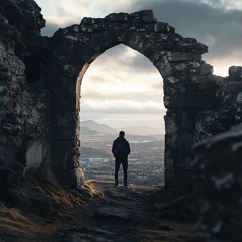 a person standing in a stone arch