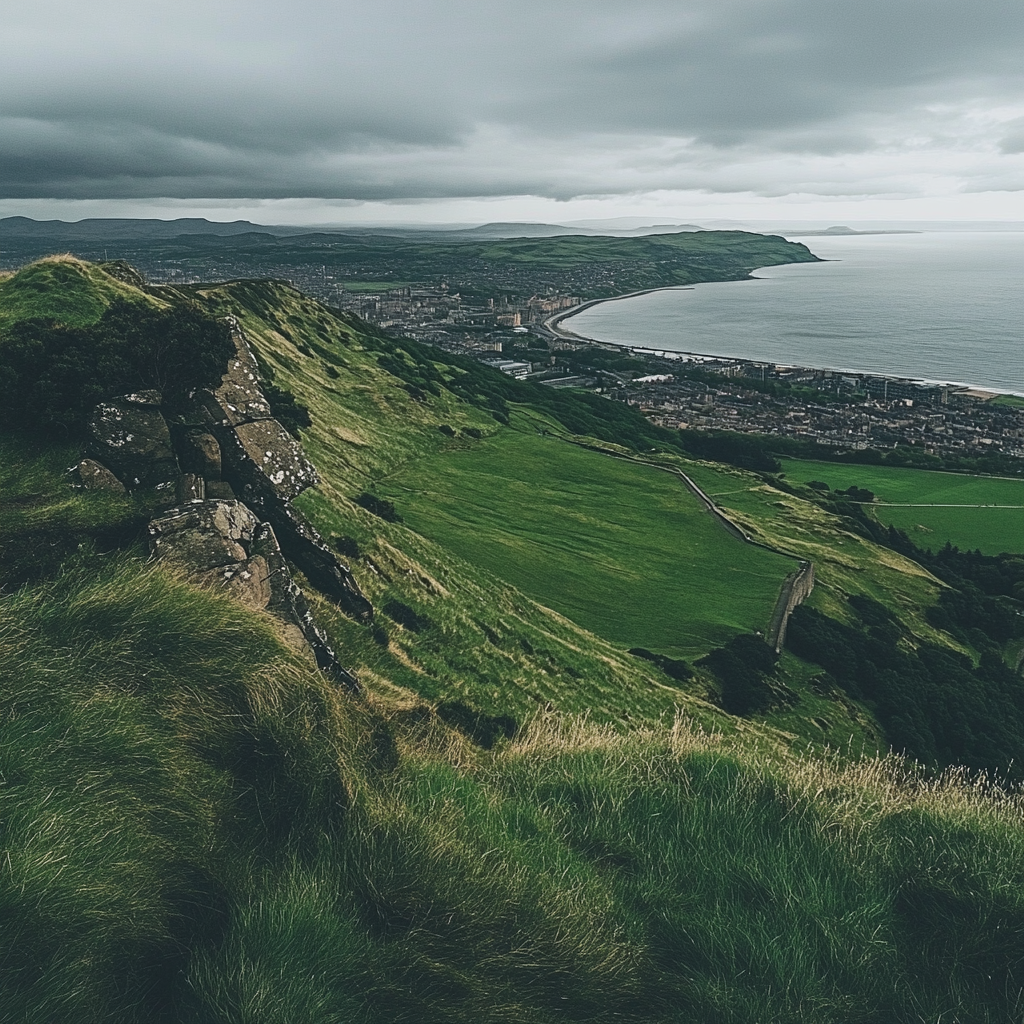 a green hill with a city and water in the background